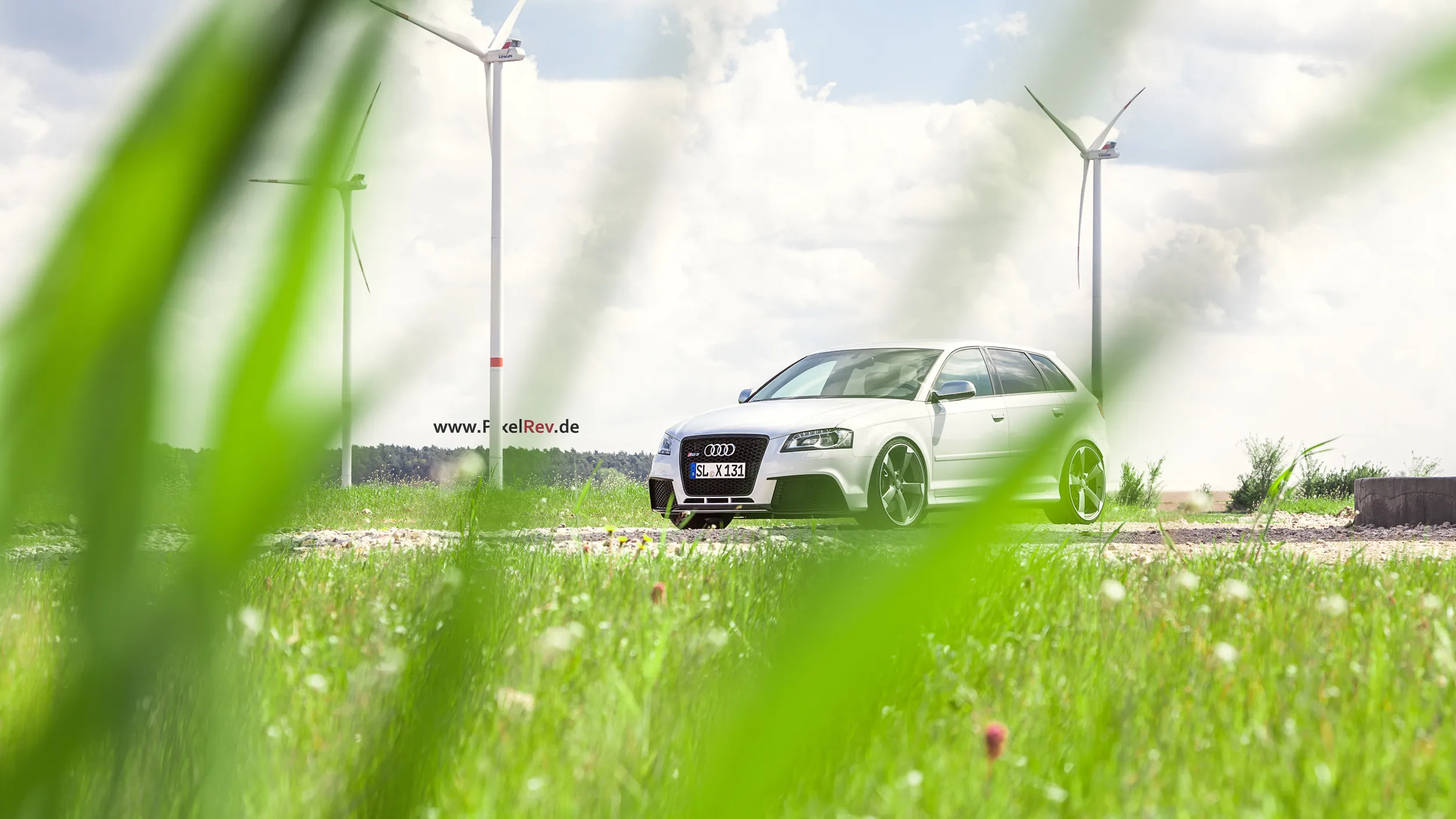 Weißer Audi RS3 Sportback hinter Gräsern im Windpark