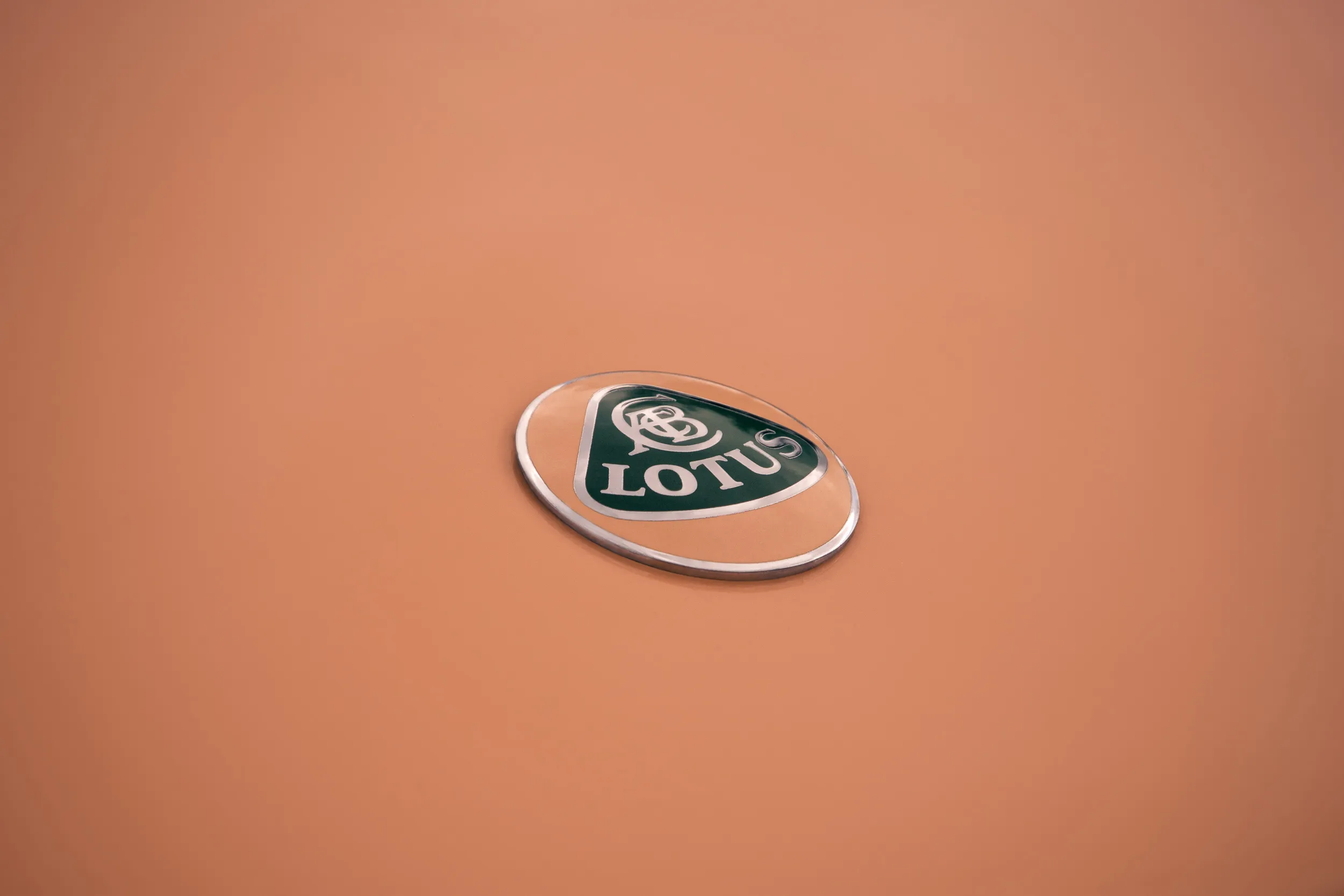 Lotus-Emblem auf orangefarbenem Lack, Detailaufnahme