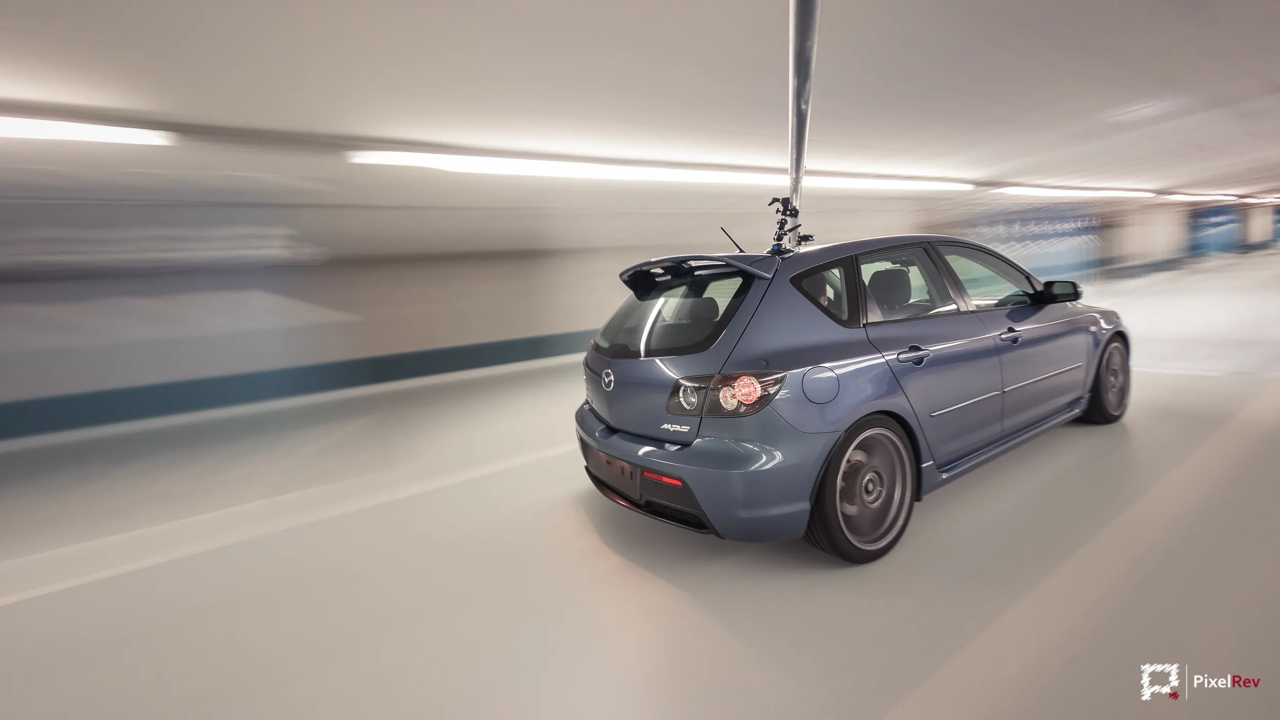 Heck des Mazda 3 MPS im Rig Shot, Rig sichtbar